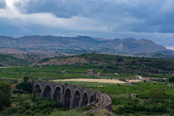 Fototapeta na wymiar Landscape with mountain range on Sicily island, South of Italy