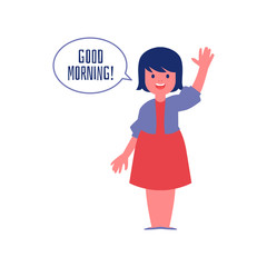 Polite girl saying Good morning flat cute vector illustration isolated on white.