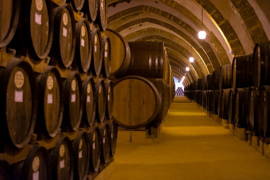 Vintage wine cellar with old oak barrels, production of fortified dry or sweet marsala wine in Marsala, Sicily, Italy