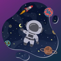 Cute little astronaut in space. Great design element for kids apparel, nursery decoration, patch, poster, t-shirt.  Hand drawn vector illustration.