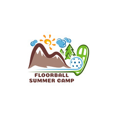 Logo floorball summar camp. Fun cartoon logo.