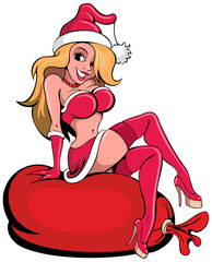 Cartoon style santa girl, woman in red hat.