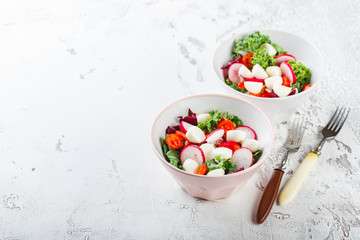 Salad with cherry tomatoes, radsh and mozzarella, lettuce mix
