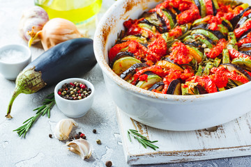 Vegetable ratatouille in ceramic frying pan