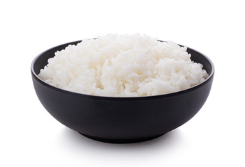 Rice in a black bowl isolated on a white background