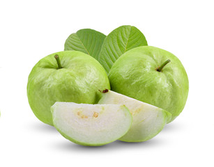 Guava fruit with leaf isolated on white background . full depth of field