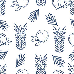 Seamless pattern with pineapples, orange, leaves.