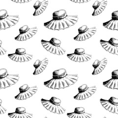 Hat pattern. Hand drawn women's straw hats in sketch style on transparent background. Seamless vector backdrop
