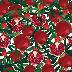 Pomegranate tree seamless pattern, branches with fruits, flowers and leaves. Fresh organic food, Red fruits pattern. Vector illustration.