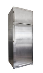 Old stainless steel refrigerator on white background
