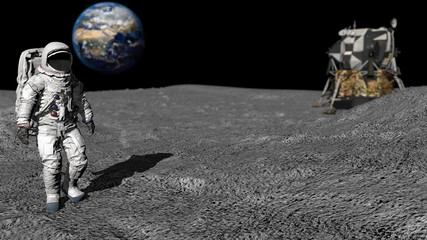 3D rendering. Astronaut walking on the moon. CG Animation. Elements of this image furnished by NASA. - obrazy, fototapety, plakaty
