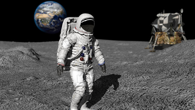 3D rendering. Astronaut walking on the moon. CG Animation. Elements of this image furnished by NASA.