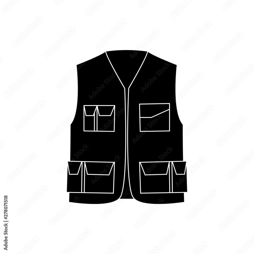 Wall mural Industrial safety protection worker vest with pockets black and white icon.