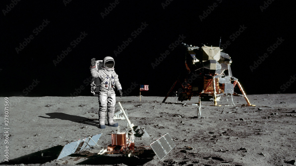 Wall mural 3d rendering. astronaut walking on the moon. cg animation. elements of this image furnished by nasa.