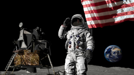 3D rendering. Astronaut saluting the American flag. CG Animation. Elements of this image furnished by NASA.