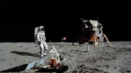 3D rendering. Astronaut walking on the moon. CG Animation. Elements of this image furnished by NASA.