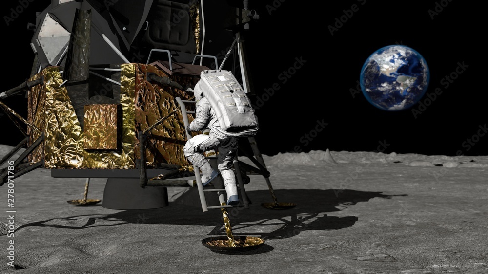 Wall mural 3d rendering. astronaut descends the stairs of the apollo spacecraft. cg animation. elements of this