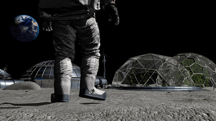 3D rendering. Sci-fi scene. The colony of the future on the moon. Astronaut walking on the moon. CG Animation. Elements of this image furnished by NASA.