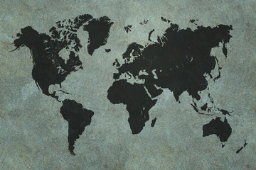 Global map, black on coloured textured background