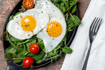 Close up breakfast with fried eggs and cherry tomatoes