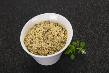 Peeled hemp seeds in the bowl
