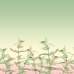 Seamless pattern with green leaves on a beautiful gradient. Hand-drawn background. Floral pattern for wallpaper or fabric. A branch of tender leaves Botanical tiles.