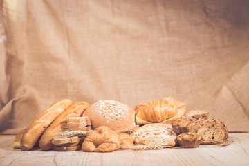 Assorted bread and pastry.