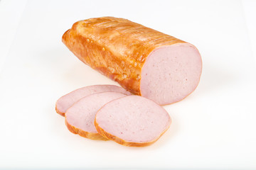 Tasty meat sausages over white background