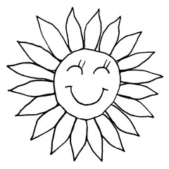 Smiling young sun with an eye and a smile. Monochrome sketch, hand drawing. Black outline on white background. Vector illustration