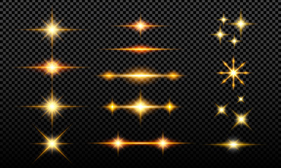 Collection of luminous glitter effects that are isolated with a dark background. Lights, stars that shine isolated from a transparent black background. - obrazy, fototapety, plakaty