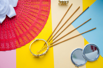 Fan red Chinese or Japanese made paper background and space for text or symbol box
