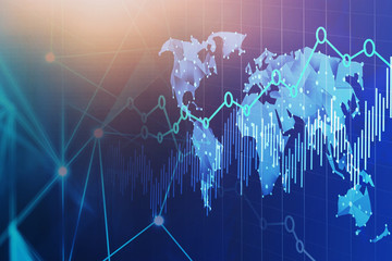 World map, graph and network interface toned