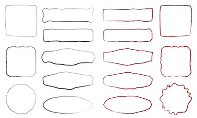 Set of black and red fountain pen hand drawn elements for selecting text. Oval, round, rectangular and square frames and labels isolated on white background.