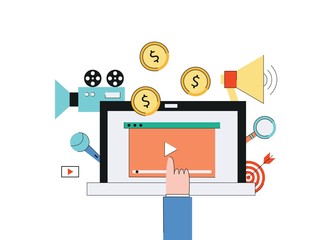 Video marketing web concept with laptop and camera, loudspeaker, money and media elements.