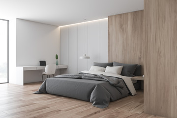 White and wood bedroom and home office corner - obrazy, fototapety, plakaty