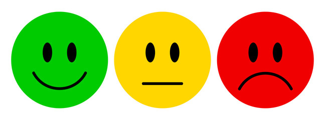 Vector illustration of facial expressions - smiley icon set. Emoticons positive, neutral and negative (red, yellow and green different moods). Rating smile for customer opinion. - obrazy, fototapety, plakaty
