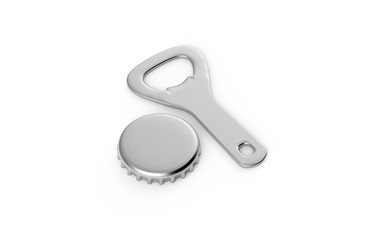 Mock up of bottle opener and cap on isolated white background, 3d illustration