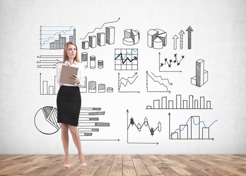 Blonde woman with notebook, business infographics