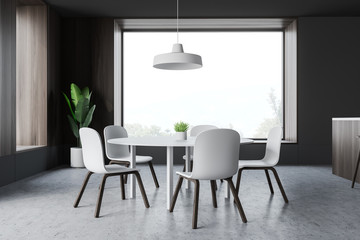 Grey and wooden dining room interior