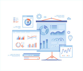Fototapeta na wymiar Statistics Presentation. Monitoring and analysis statistical data. Graphs, charts, diagrams, infographics on white board, screens, documents. Vector illustration on white background.
