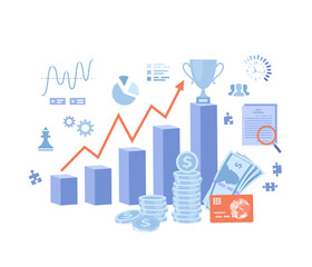 Investment, financial success, strategic management. Income chart, profit growth steps, money, documents, winner's cup. Business banner. Vector illustration on white background.