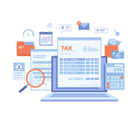 Tax payment. State Government taxation, calculation of tax return. Tax form, financial calendar, magnifying glass, money, credit card, invoice. Vector illustration on white background.