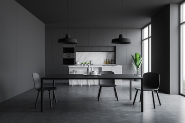 Fototapeta premium Gray kitchen interior with bar and table