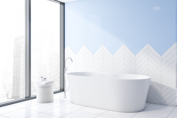 White and blue bathroom corner with tub