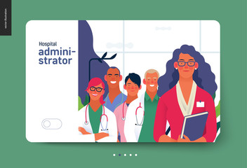 Medical insurance template -hospital administrator -modern flat vector concept digital illustration - a female hospital administrator with a team of doctos concept, medical office or laboratory