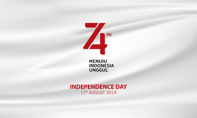 Indonesian 74th Birthday Logo With White Wave Flag Background. Indonesia Independence Day .Vector Illustration