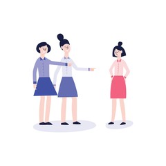 Fototapeta premium Two girls in shirts and skirts bully another crying girl.