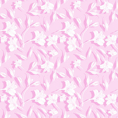 Seamless floral pattern. Pattern with white graphics flowers on pink background with bright shades. Alstroemeria. Seamless pattern with hand drawn plants. Herbal Botanical illustration.