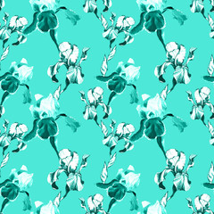 Floral seamless pattern with hand drawn white ink iris flowers on turquoise background. Flowers lined up in harmonious uninhibited sequence