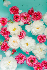 Perfect floral texture of colorful roses in water on blue background